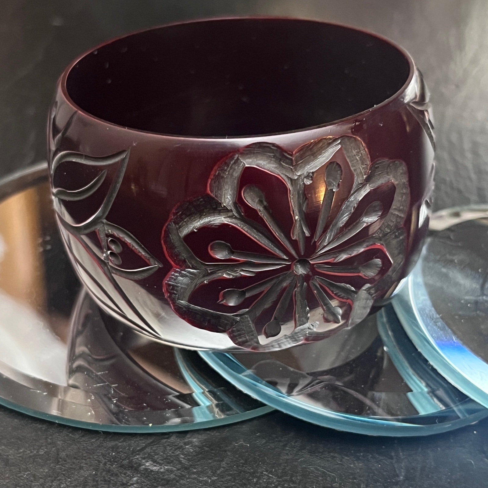 Vintage Acrylic Wide Carved Deep Burgundy Red Floral Bangle Bracelet